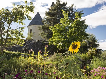 Appartamento a Naz-Sciaves Girasole e fiori colorati davanti a una chiesa e alberi in una giornata di sole